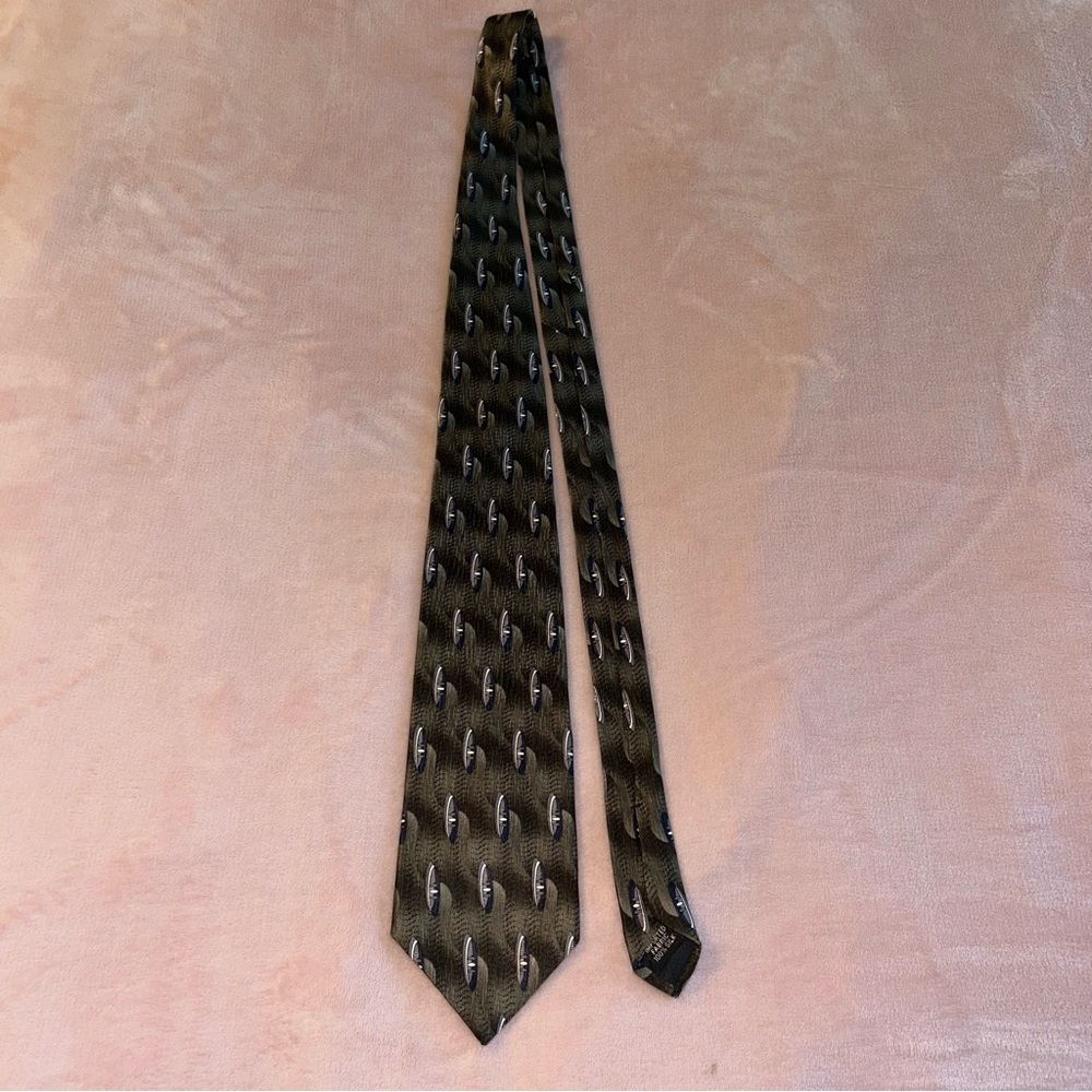 Oscar de la Renta green blue silver oval print silk tie made in USA